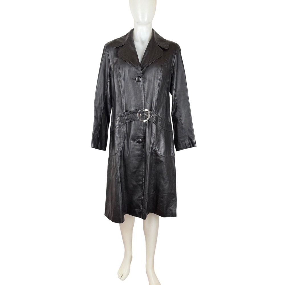 Vintage 70s Black Leather Trench Coat Western Germany Silver Buckle L